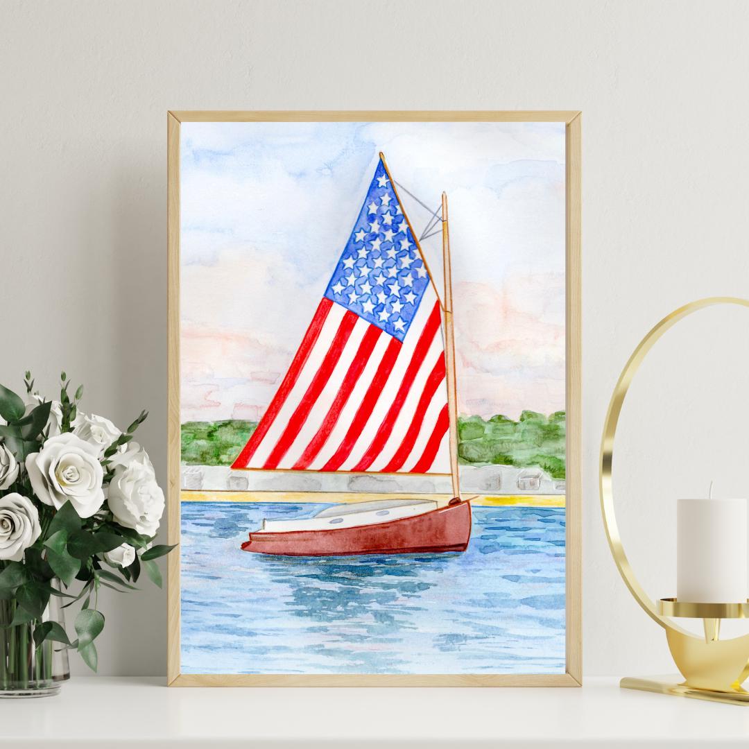 American Flag Sailboat Watercolor Art Print: Patriotic Coastal Decor - Etsy