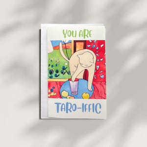 Funny Cat Boba Greeting Card – You Are Taro-iffic – Taro Bubble Tea Art Print, Cute Pun Card for Friends, Cat Lover Gift, Kawaii Stationery