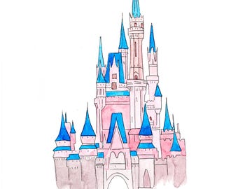 Watercolor Fairy Tale Magic Castle Print Pink Blue Nursery Girl Room Princess Wall Art