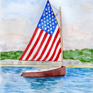 Patrotisches Segelboot Aquarell Druck • Amerikanische Flagge Boot Kunst • 4. Juli Küsten Wanddekoration • Maritimes Kinderzimmer & Haus am See Geschenk
