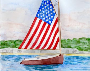 Arte em aquarela com veleiro e bandeira americana, decoração patriótica costeira para o 4 de julho, arte náutica para parede.