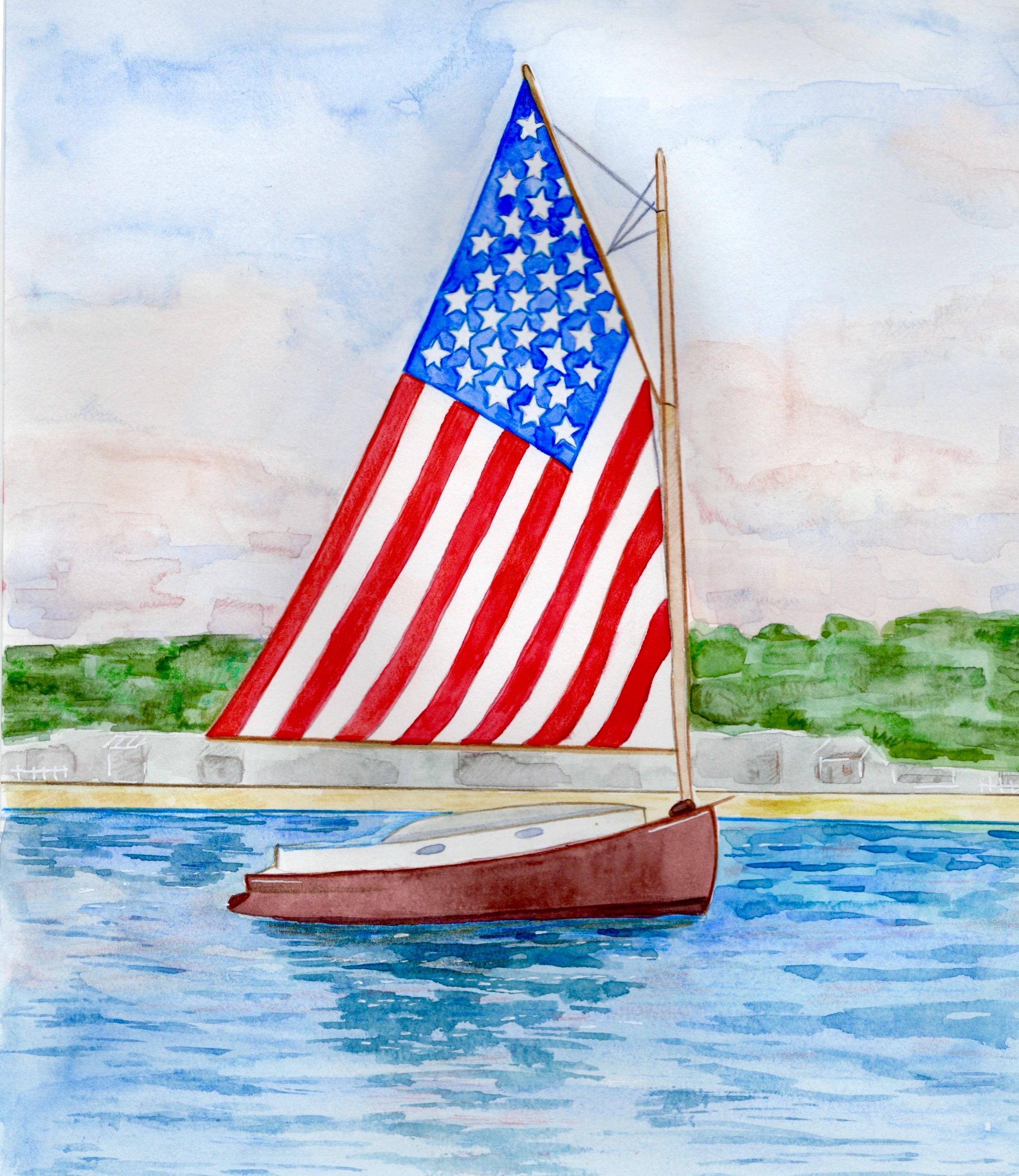 American Flag Sailboat Watercolor Art Print 4th of July Patriotic ...