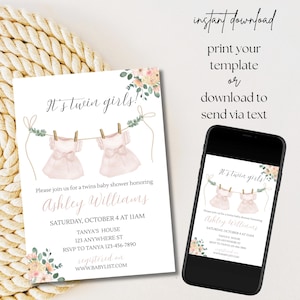 May include: A baby shower invitation with the text "It's twin girls!" features two pink dresses hanging on a clothesline. The invitation includes details for Ashley Williams' baby shower, with the date, time, and location. A smartphone displays the invitation.