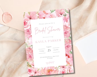 Pink Floral Bridal Shower Invitation, Editable Digital Template, Watercolor Flower Wedding Shower Invite, Printable Instant Download