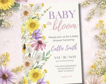 Zaproszenie na baby shower „Baby in Bloom”, zaproszenie na baby shower z motywem kwiatów, zaproszenie na baby shower z motywem wiosennego ogrodu, zaproszenie z motywem dzikich kwiatów, edytowalne zaproszenie cyfrowe