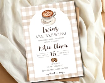 Twins Are Brewing Baby Shower Invitation, Coffee Baby Shower Invite for Twins, Editable Neutral Baby Shower Template, Twins Shower Invite