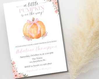 May include: A baby shower invitation with a watercolor pumpkin design. The text reads "a little pumpkin is on the way!" in pink script. The invitation includes details for the baby shower, such as the date, time, and location.