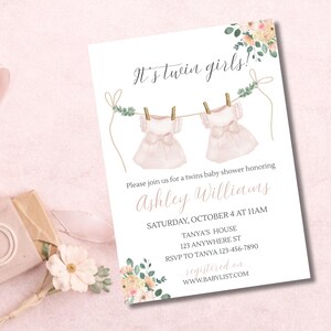 Editable Twin Girls Baby Shower Invitation, Boho Pink Dresses Invite Template, Baby Clothesline Shower Invitation, Watercolor Twins Invite image 3