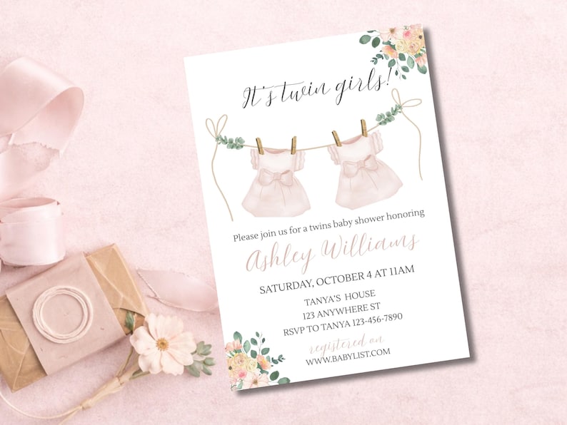 Editable Twin Girls Baby Shower Invitation, Boho Pink Dresses Invite Template, Baby Clothesline Shower Invitation, Watercolor Twins Invite image 3