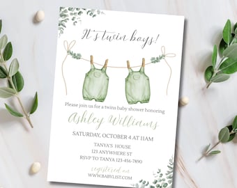 Twin Boys Baby Shower Invitation, Boy Baby Clothes Shower Invite, Boho Baby Shower Invitation, Baby Clothes Shower, Template, Editable