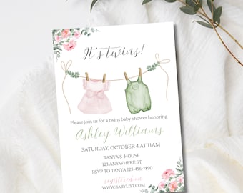 Twins Baby Shower Invitation, Boy Girl Clothes Shower Invite, Boho Baby Shower Invitation, Baby Clothes Shower, Editable, Boy Girl Twins