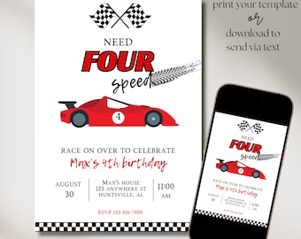 Need Four Speed Birthday Invitation, Race Car 4th Birthday Invite, Editable Racing Party Invitation, Red Sports Car Birthday Template