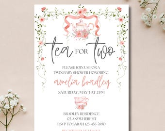 Tea for Two Twin Baby Shower Invitation, Editable Floral Teapot Invite, Digital Download Twin Girls Baby Shower, Tea Party Baby Shower, Girl