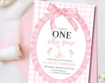 One Silly Goose Birthday Invitation, Editable Silly Goose One Invitation, Girls 1st Birthday Pink Gingham, First Party, Coquette Bow Theme