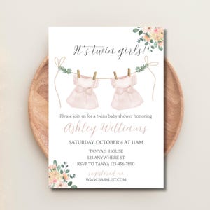 Editable Twin Girls Baby Shower Invitation, Boho Pink Dresses Invite Template, Baby Clothesline Shower Invitation, Watercolor Twins Invite