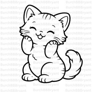 May include: A black and white cartoon illustration of a happy cat. The cat is sitting with its paws raised, smiling with its eyes closed. The cat has stripes on its tail and head.