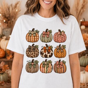 Patterned Coquette Bow Grid T-shirt | Fall Floral Plaid Leopard Patchwork Pumpkins,Cute Fall Comfort Colors Tee, Autumn shirt