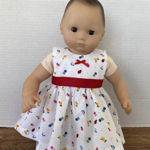 15 Inch Doll Dress: White Floral Print, Red Ribbon Trim