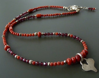 Garnet and coral necklace with sterling silver heart