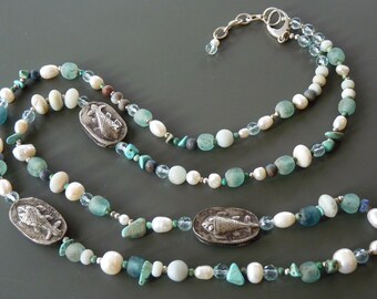 Turquoise and freshwater pearl necklace with vintage Indian silver beads