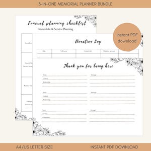 Puede incluir: Un paquete de planificador conmemorativo 3 en 1 con una lista de verificación de planificación funeraria, un registro de donaciones y notas de agradecimiento. Las páginas son blancas con texto negro y detalles florales. Incluye el texto "Descarga instantánea de PDF."
