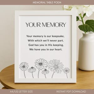 Könnte beinhalten: Ein gerahmtes Gedenkgedicht mit dem Text "YOUR MEMORY". Der weiße Rahmen umgibt einen weißen Hintergrund mit einem Gedicht und Gänseblümchen-Illustrationen. Der Text lautet: "Your memory is our keepsake... We have you in our heart." Der untere Text lautet "A4/US LETTER SIZE".