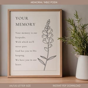 May include: A framed print featuring the text YOUR MEMORY followed by a memorial poem and a black line drawing of a tall flower. The print is displayed in a light wood frame with a white background and black lettering, presented in a vertical orientation.