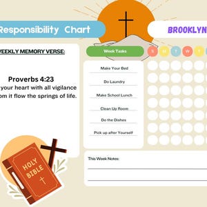 Puede incluir: Un cuadro de responsabilidad imprimible para niños con un versículo semanal para memorizar, "Proverbios 4:23 Guarda tu corazón con diligencia, porque de él mana la vida." El cuadro incluye una lista de verificación diaria para tareas como hacer la cama, lavar la ropa y recoger. También hay una sección para las notas de esta semana.
