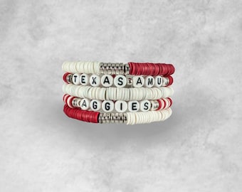 Texas A&M University Bracelet Stack | Gig Em Aggies Bracelet Stack | Custom | Heishi Bead Bracelets | College Friendship Bracelets