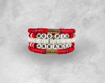 University of Arkansas Bracelet Stack | Woo Pig Bracelet Stack | Custom | Heishi Bead Bracelets | College Friendship Bracelets
