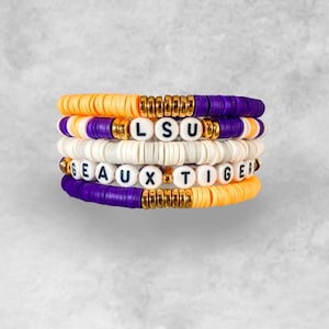 Louisiana State University Bracelet Stack | Geaux Tigers Bracelet Stack | Custom | Heishi Bead Bracelets | College Friendship Bracelet Stack