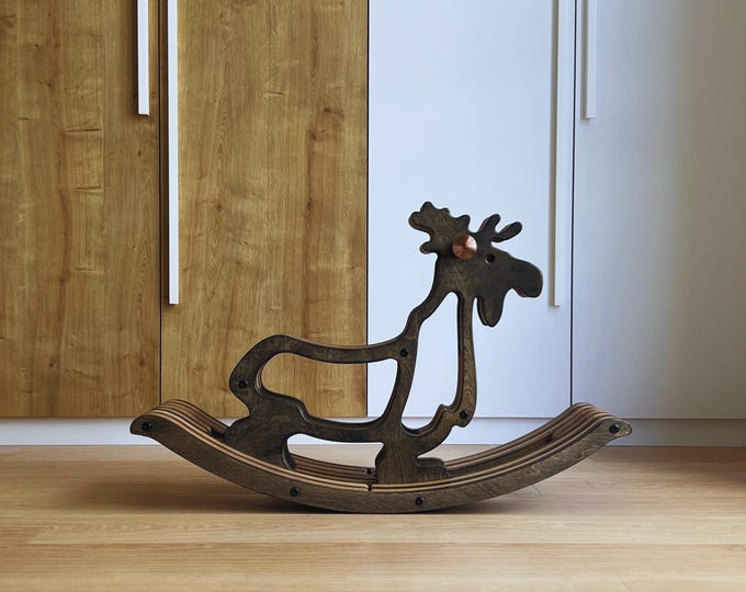 Handcrafted Toddler Moose Rocking Toy – Wooden Montessori Rocker for Indoor & Outdoor Play
