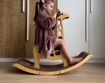 Artisan Giraffe Rocking Horse – Third Birthday Gift, Heirloom Wooden Rocker, African Nursery Decor