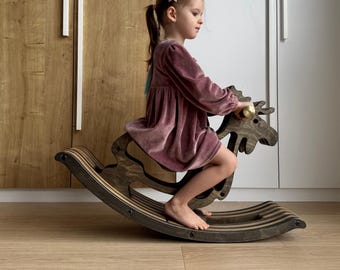 Artisan Moose Rocking Horse – Third Birthday Gift, Heirloom Wooden Rocker, Woodland Nursery Decor