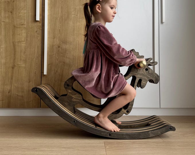 Artisan Moose Rocking Horse – Third Birthday Gift, Heirloom Wooden Rocker, Woodland Nursery Decor