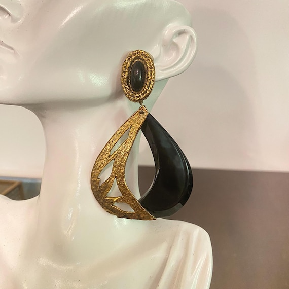 Vintage 1990's Statement Black & Gold Clip on Dangle Earring