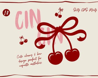 Cherry Bow Svg Png Eps Bundle, Cherry Svg Cut Files, Cherry Bow Png, Cherry Heart Svg, Trendy Bow Svg, Cottagecore Svg for Cricut Projects