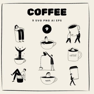 以下が含まれることがあります： 上部に「COFFEE」という文字が入った白黒イラスト。この画像には、コーヒーカップやコーヒーと交流する人々の9つの異なるイラストが描かれています。「9 SVG PNG AI EPS」というテキストは「COFFEE」という単語の下にあります。