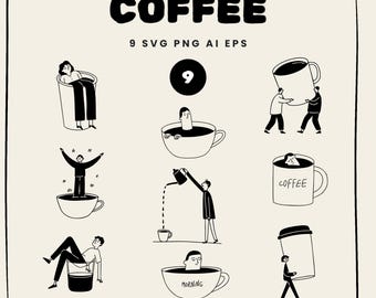 Cafe Doodles People Clipart Designs: Coffee Shop 9 SVG Bundle for Instant Download
