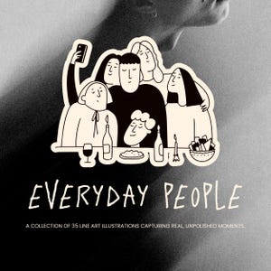 Puede incluir: Una pegatina en blanco y negro que representa a un grupo de personas, una de las cuales se hace un selfie. La pegatina incluye botellas, velas y comida. También está presente el texto "EVERYDAY PEOPLE" y "A COLLECTION OF 35 LINE ART ILLUSTRATIONS CAPTURING REAL, UNPOLISHED MOMENTS".