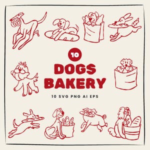 Könnte beinhalten: Digitale Illustration mit zehn roten Strichzeichnungen von Hunden. Der Text "10 DOGS BAKERY" wird in Rot angezeigt, zusammen mit "10 SVG PNG AI EPS". Die Hunde werden in verschiedenen Posen gezeigt, einige mit Brot.