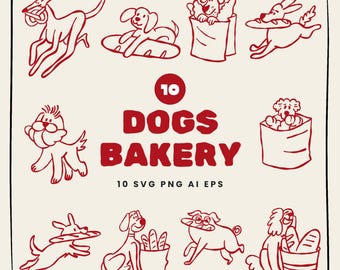Può includere: Illustrazione digitale con dieci disegni a tratto rosso di cani. Il testo "10 DOGS BAKERY" è visualizzato in rosso, insieme a "10 SVG PNG AI EPS". I cani sono raffigurati in varie pose, alcuni con pane.