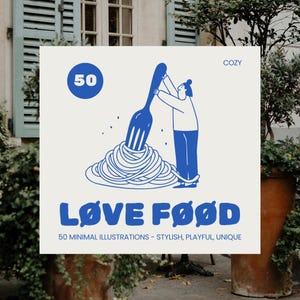 Könnte beinhalten: Eine blaue und weiße Illustration mit dem Text "LOVE FOOD". Die Abbildung zeigt eine Person, die Spaghetti mit einer Gabel anhebt. Die Zahl "50" befindet sich in einem blauen Kreis. Der Text "50 Minimal Illustrationen" ist ebenfalls vorhanden.