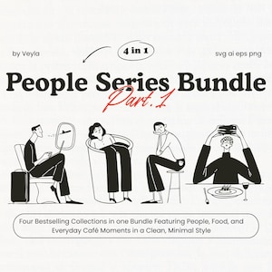 以下が含まれることがあります： Veylaによる「People Series Bundle Part 1」と題された白黒イラスト。飛行機、大きなカップ、スツール、食べ物のあるテーブルなど、さまざまな状況にいる人々の4つのミニマリストな図面が特徴です。テキストは、バンドルに4つのコレクションが含まれていることを示しています。