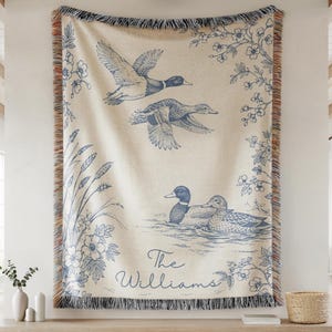 Personalized Mallard Duck Woven Blanket, Cotton Anniversary Gift For Couple, Custom Wedding Family Name Blanket, Hunting Lake House Decor