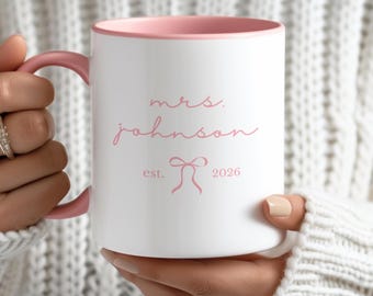 Custom Mrs Est Year Coffee Mug, Personalized Bride Gift, New Wife Gift Idea, Wedding Coquette Bow Mug, Bridal Shower Newlywed Cup