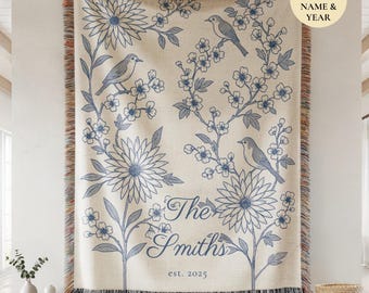 Chinoiserie Personalized Woven Throw Blanket, Cotton Anniversary Couple Gift, Custom Wedding Family Name Blanket,Engagement Or Bridal Shower