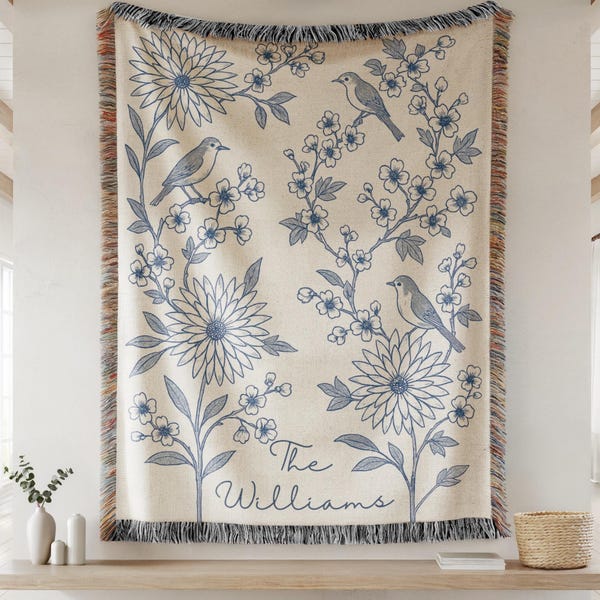 Personalized Woven Throw Blanket, Cotton Anniversary Gift For Couple, Custom Wedding Family Name Blanket, Engagement Or Bridal Shower