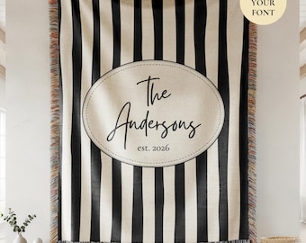 Personalized Family Name Woven Blanket, Custom Throw With Last Name and Est Year, Wedding Gift For Couple, Cotton Anniversary Gift