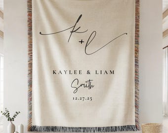 Personalized Woven Throw Blanket, Cotton Anniversary Gift For Couple, Custom Wedding Name Blanket With Date, Engagement Or Bridal Shower